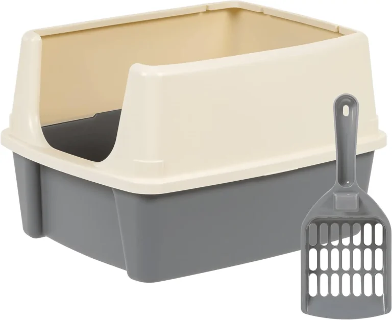 Amazon Basics Large Cat Litter Box with High Sides, Open Top for Easy Access, Includes Scoop with Storage, 19 x 15 x 11.75, Grey/Beige